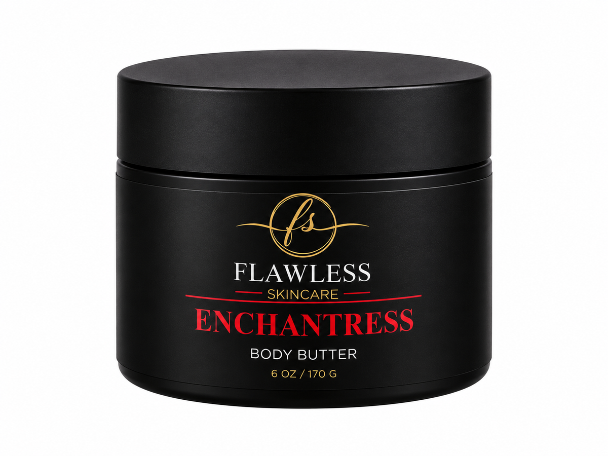 This is a black jar of Flawless Skincare Enchantress Body Butter scented with soft fruits, airy musk, and light floral notes. 