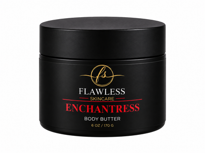 This is a black jar of Flawless Skincare Enchantress Body Butter scented with soft fruits, airy musk, and light floral notes. 