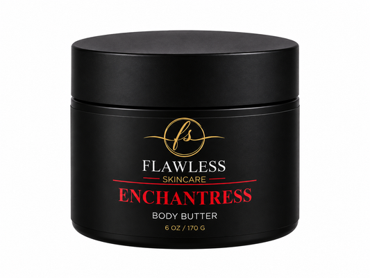 This is a black jar of Flawless Skincare Enchantress Body Butter scented with soft fruits, airy musk, and light floral notes. 
