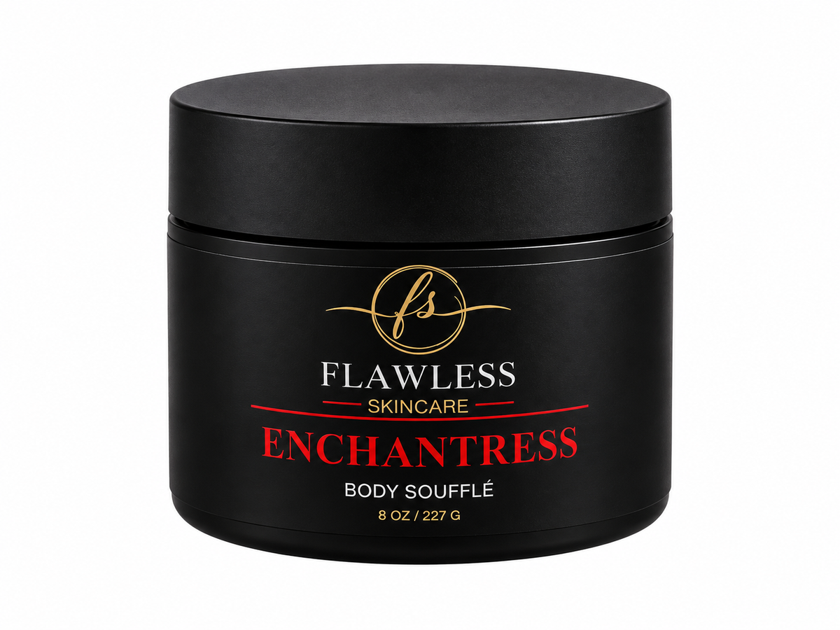 This is a black jar of Flawless Skincare Enchantress Body Soufflé scented with soft fruits, airy musk, and light floral notes. 