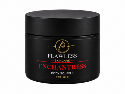 This is a black jar of Flawless Skincare Enchantress Body Soufflé scented with soft fruits, airy musk, and light floral notes. 
