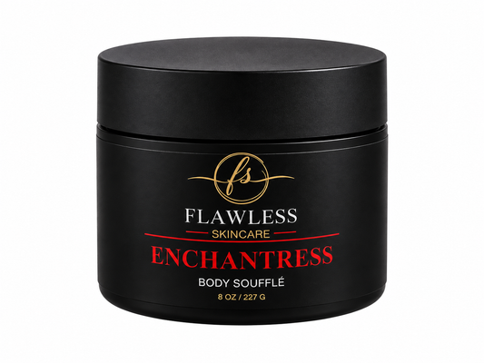 This is a black jar of Flawless Skincare Enchantress Body Soufflé scented with soft fruits, airy musk, and light floral notes. 