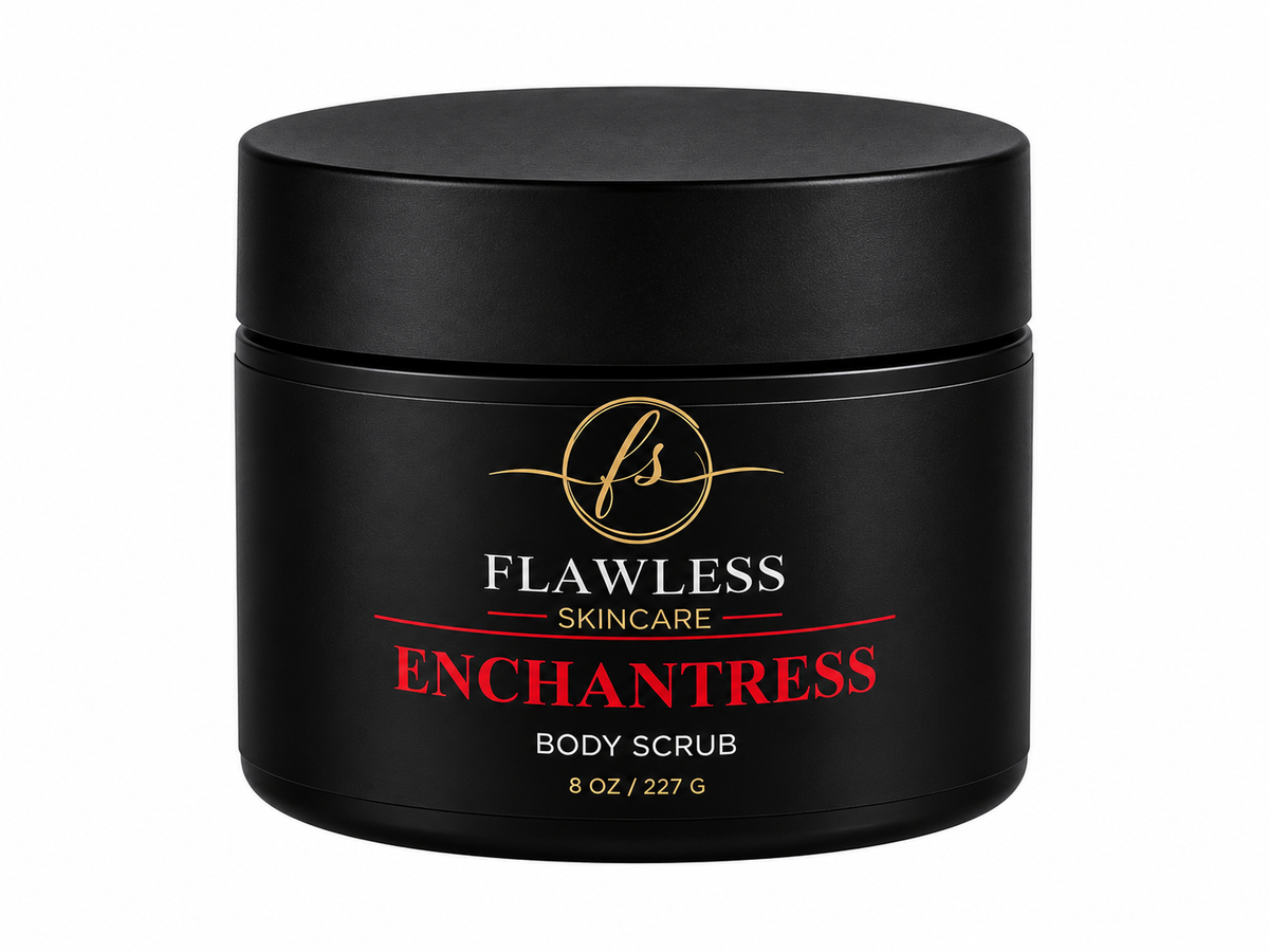 This is a black jar of Flawless Skincare Enchantress Body Scrub scented with soft fruits, airy musk, and light floral notes. 