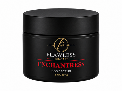 This is a black jar of Flawless Skincare Enchantress Body Scrub scented with soft fruits, airy musk, and light floral notes. 