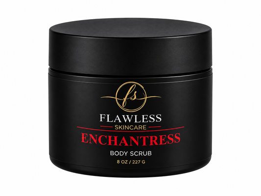 This is a black jar of Flawless Skincare Enchantress Body Scrub scented with soft fruits, airy musk, and light floral notes. 