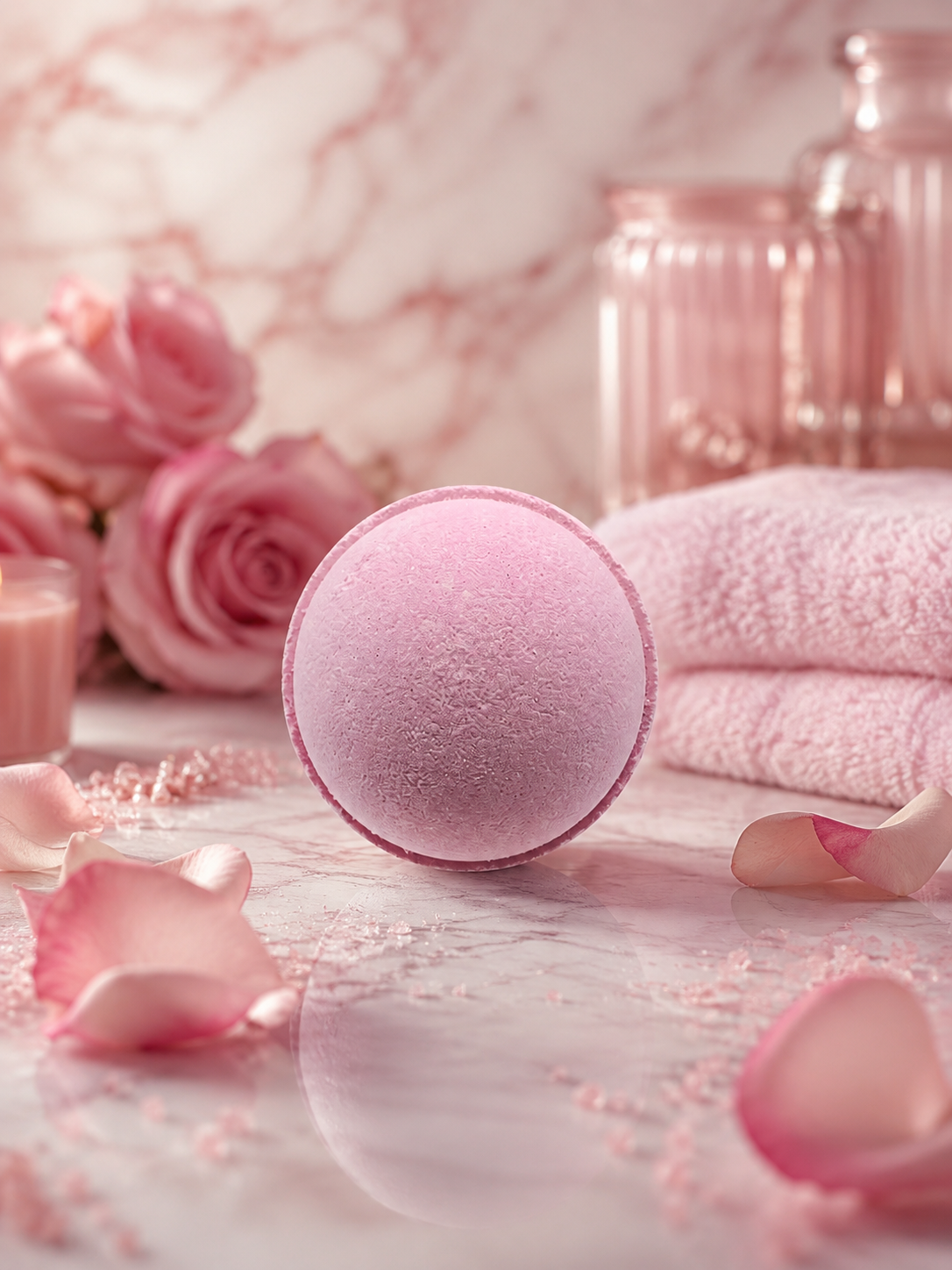 A round pink bath bomb, (or an uncolored option is available), scented with scents of florals, musk, and fruity notes. It sits on a marble surface surrounded by pink rose petals, with folded pink towels and soft pink decorative jars in the background.