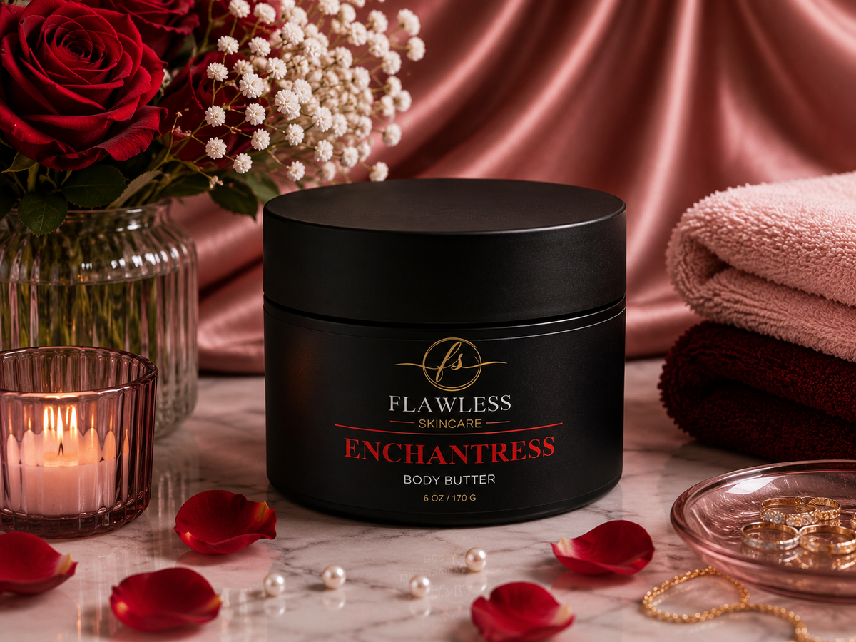 This is a scented body butter with soft fruits, airy musk, and light floral notes. A black jar of Flawless Skincare Enchantress Body Butter sits on a marble surface surrounded by red rose petals, a lit candle, red roses, folded towels, and a glass dish with rings, against a pink satin backdrop.