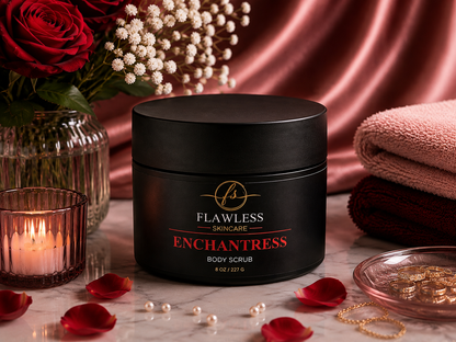 This is a scented body scrub with soft fruits, airy musk, and light floral notes. A black jar of Flawless Skincare Enchantress Body Scrub sits on a marble surface surrounded by red rose petals, a lit candle, pearls, jewelry, folded towels, and red roses with white baby's breath against a satin pink backdrop.