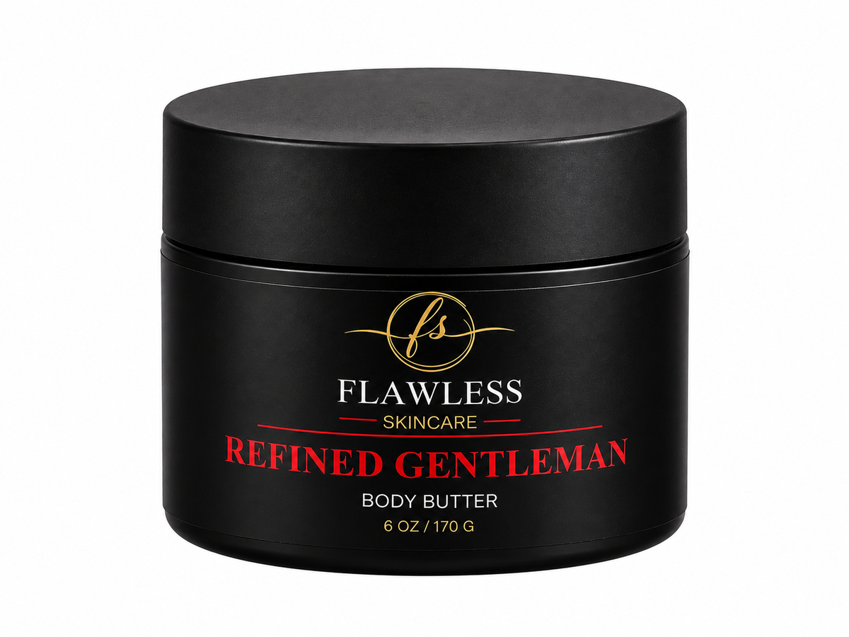 This is a black jar of man’s scented body butter with woody, spicy and earthy notes.