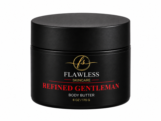 This is a black jar of man’s scented body butter with woody, spicy and earthy notes.