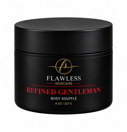This is a black jar of man’s scented body lotion with woody, spicy and earthy notes.