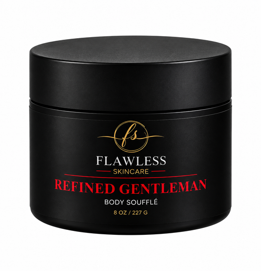 This is a black jar of man’s scented body lotion with woody, spicy and earthy notes.