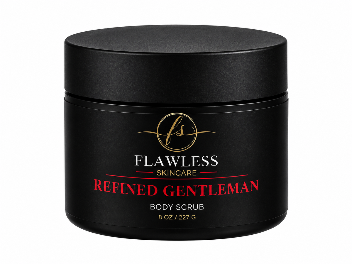 This is a black jar of man’s scented body scrub with woody, spicy and earthy notes.