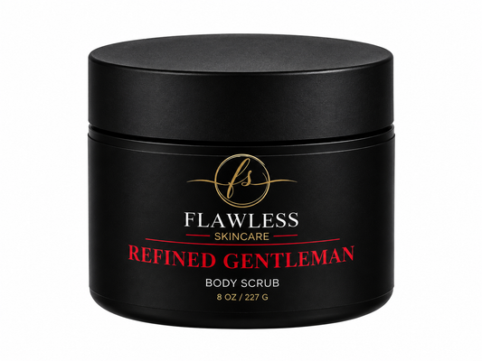 This is a black jar of man’s scented body scrub with woody, spicy and earthy notes.