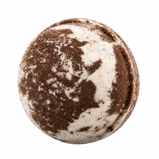 A round bath bomb with a mottled brown and white marbled pattern, ( or an uncolored option is available),  scented with woody, spicy, and earthy notes.