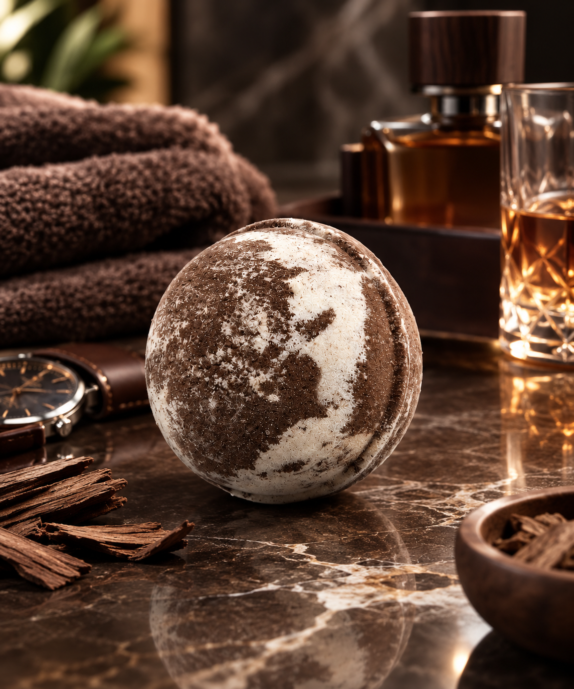 A round bath bomb with a mottled brown and white marbled pattern, ( or an uncolored option is available),  scented with woody, spicy, and earthy notes. It sits on a polished dark marble surface, surrounded by warm lifestyle props including a folded brown towel, a whiskey glass, a watch, and wood chips.
