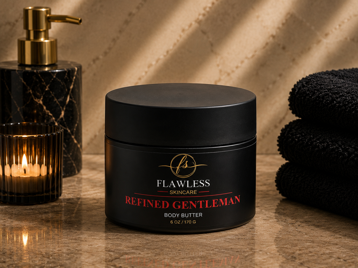 This is a man’s scented body butter with woody, spicy and earthy notes. A black jar of Flawless Skincare 'Refined Gentleman' Body Butter sits on a marble countertop, styled with a lit candle, a black marble soap dispenser, and folded black towels against a warm beige background.