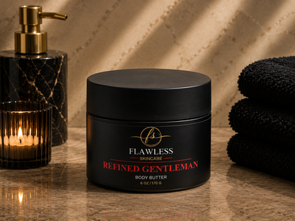 This is a man’s scented body butter with woody, spicy and earthy notes. A black jar of Flawless Skincare 'Refined Gentleman' Body Butter sits on a marble countertop, styled with a lit candle, a black marble soap dispenser, and folded black towels against a warm beige background.