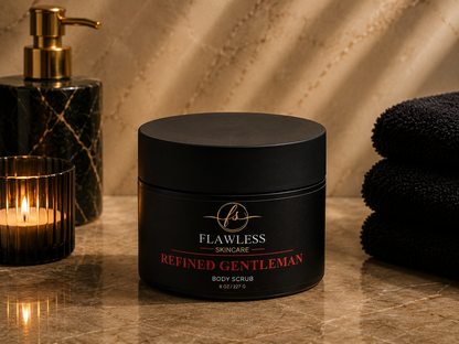 This is a man’s scented body scrub with woody, spicy and earthy notes. A black jar of Flawless Skincare 'Refined Gentleman' body scrub sits on a polished marble countertop. The scene is styled with a lit candle in a glass holder, a dark marble soap dispenser with a gold pump, and a stack of black towels against a draped beige fabric backdrop.