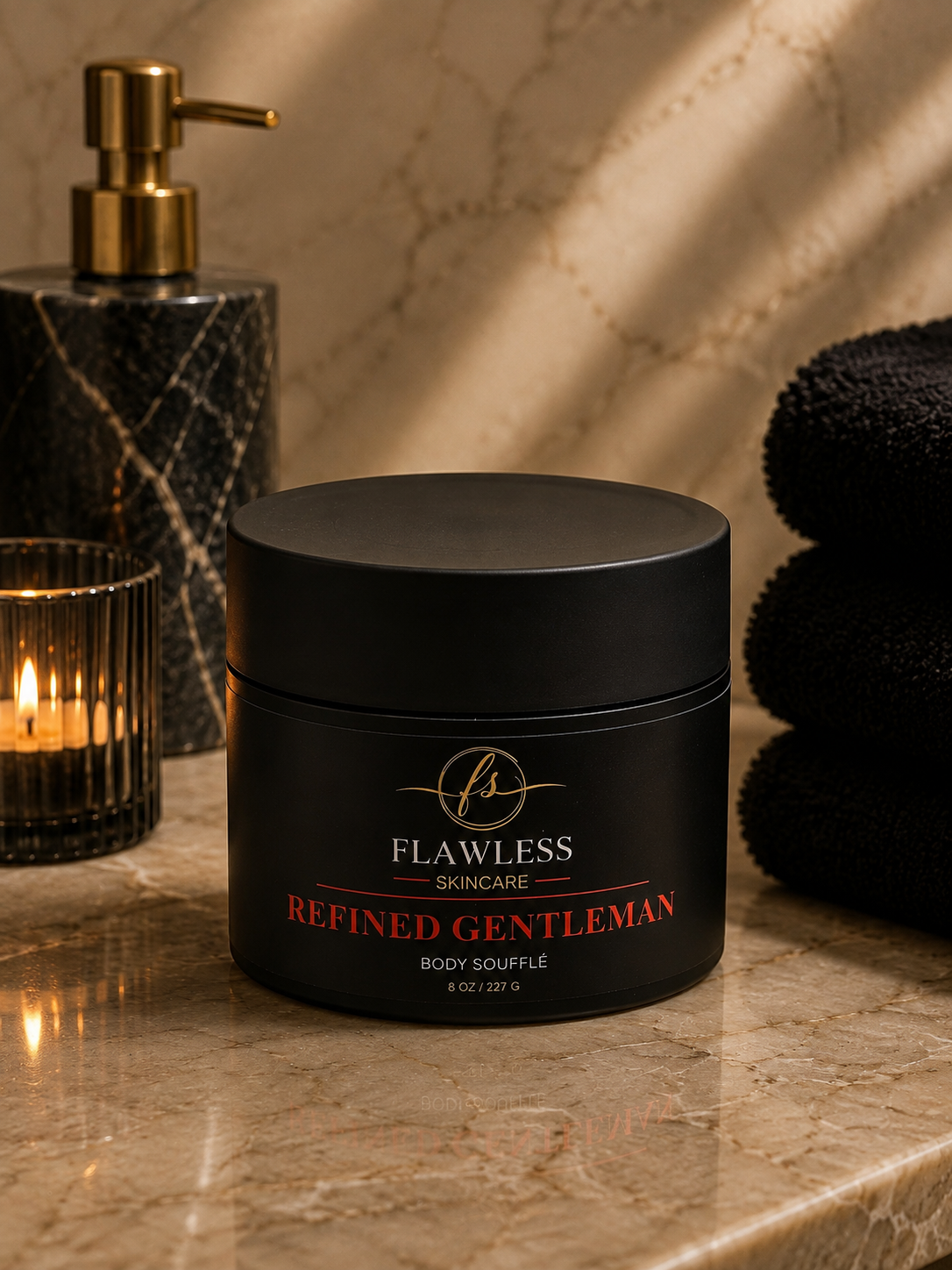This is a  men's scented body lotion with woody, spicy and earthy notes. A black jar of Flawless Skincare 'Refined Gentleman' body souffle on a marble surface, styled with a lit candle, a marble soap dispenser, and folded black towels.