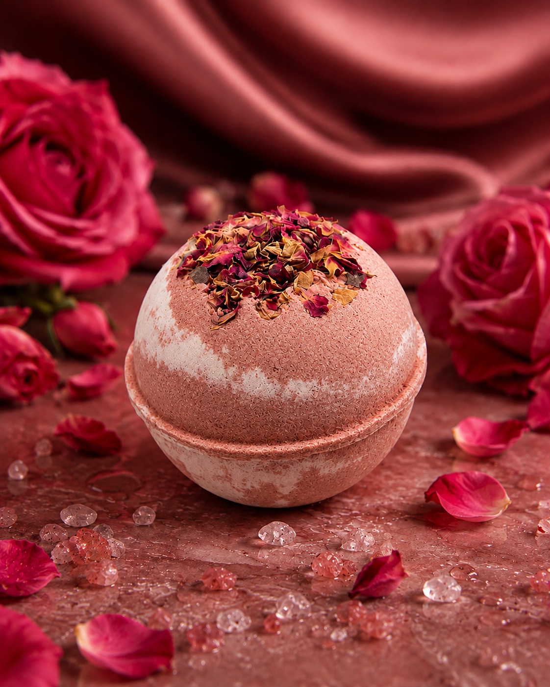 A spherical bath bomb with dusty rose and white marbled pattern,(or an uncolored option is available), scented with florals, amber, vanilla, and musk, topped with dried rose petals, set on a rustic surface surrounded by red roses, rose petals, and pink bath salts.