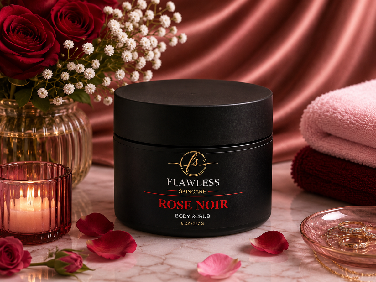 This is a scented body scrub with notes of floral, vanilla, amber and musk. A black jar of Flawless Skincare Rose Noir Body Scrub sits on a marble surface surrounded by red roses, white baby's breath, a lit candle, pink and burgundy towels, and rose petals, with a satin pink backdrop.