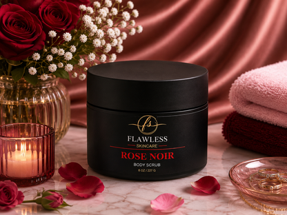 This is a scented body scrub with notes of floral, vanilla, amber and musk. A black jar of Flawless Skincare Rose Noir Body Scrub sits on a marble surface surrounded by red roses, white baby's breath, a lit candle, pink and burgundy towels, and rose petals, with a satin pink backdrop.