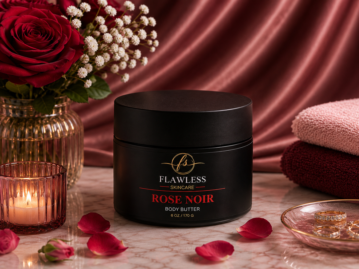 This is a scented body butter with notes of floral, vanilla, amber and musk. A black jar of Flawless Skincare Rose Noir Body Butter sits on a marble surface surrounded by rose petals, a lit candle, a glass vase with red roses and baby's breath, folded towels, and a draped burgundy satin fabric background.