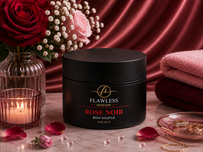 This is a scented body lotion with notes of floral, vanilla, amber and musk. A black cosmetic jar labeled 'Flawless Skincare Rose Noir Body Soufflé' sits on a marble surface with rose petals, a lit candle, folded towels, flowers, and a satin burgundy backdrop.