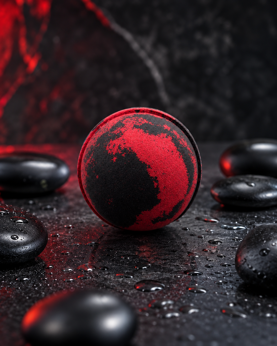 A round bath bomb with a red and black marbled pattern, (or an uncolored option is available), scented with citrus, amber, musk, and woody notes. It sits on a wet dark surface surrounded by smooth black stones under dramatic red and black lighting.