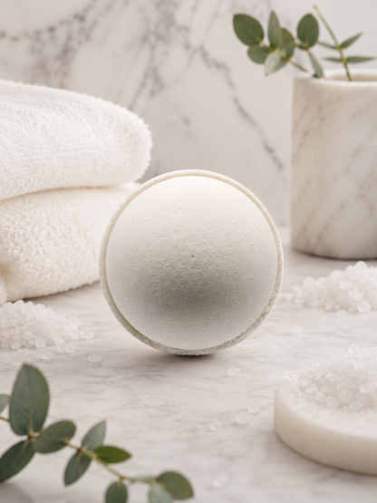 A round white bath bomb, no color or fragrance, sits on a marble surface with folded white towels, eucalyptus leaves, bath salts, and a marble vase in the background.