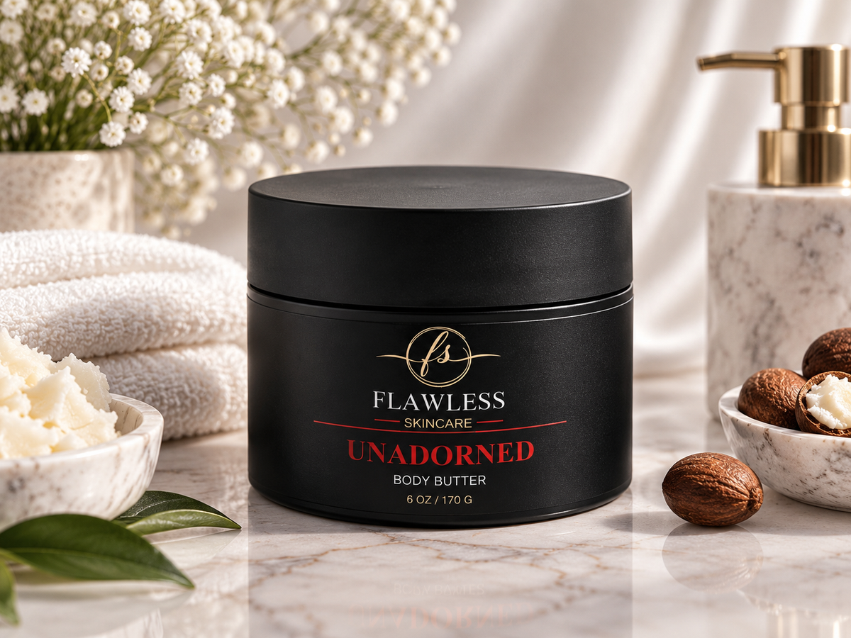 A black jar of Flawless Skincare Unadorned Body Butter. The unscented  body butter is designed to deeply nourish and soften and is centered on a marble surface, surrounded by skincare props including folded white towels, a bowl of body butter, whole nuts, and a marble pump bottle with a gold pump.
