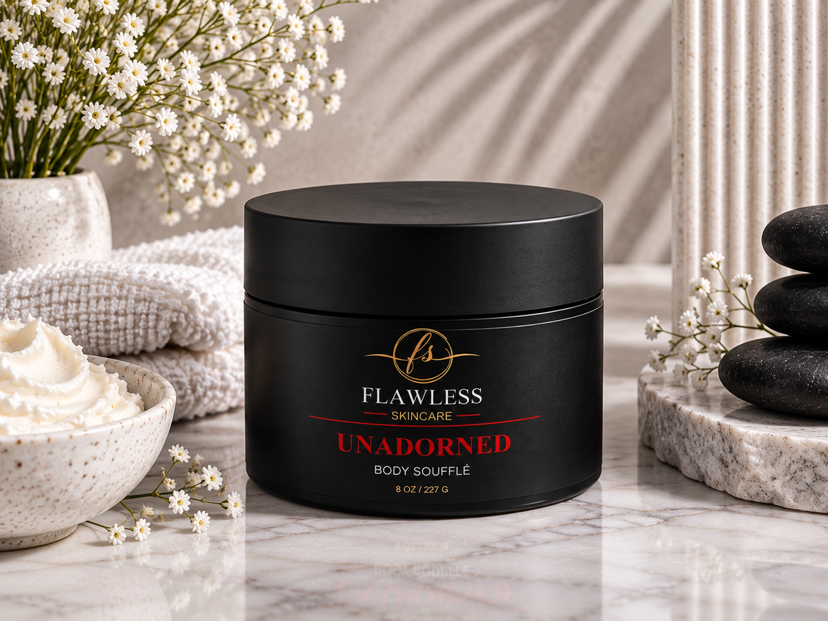 This is an unscented body lotion. A black cosmetic jar labeled 'Flawless Skincare Unadorned Body Soufflé' sits on a marble surface with spa props including flowers, a bowl of whipped cream, folded towels, and stacked stones.