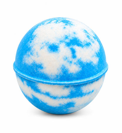 A round bath bomb with a blue and white marbled pattern, or an uncolored option is available, scented with florals and amber. 