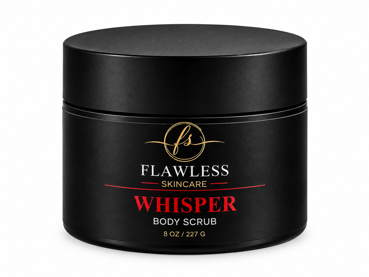 This is a black jar of Flawless Skincare 'Whisper' Body Scrub scented body lotion with amber and floral notes.