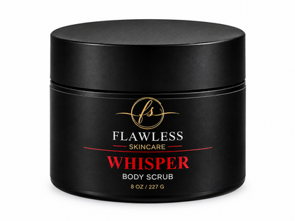 This is a black jar of Flawless Skincare 'Whisper' Body Scrub scented body lotion with amber and floral notes.