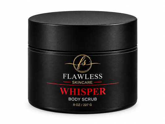 This is a black jar of Flawless Skincare 'Whisper' Body Scrub scented body lotion with amber and floral notes.