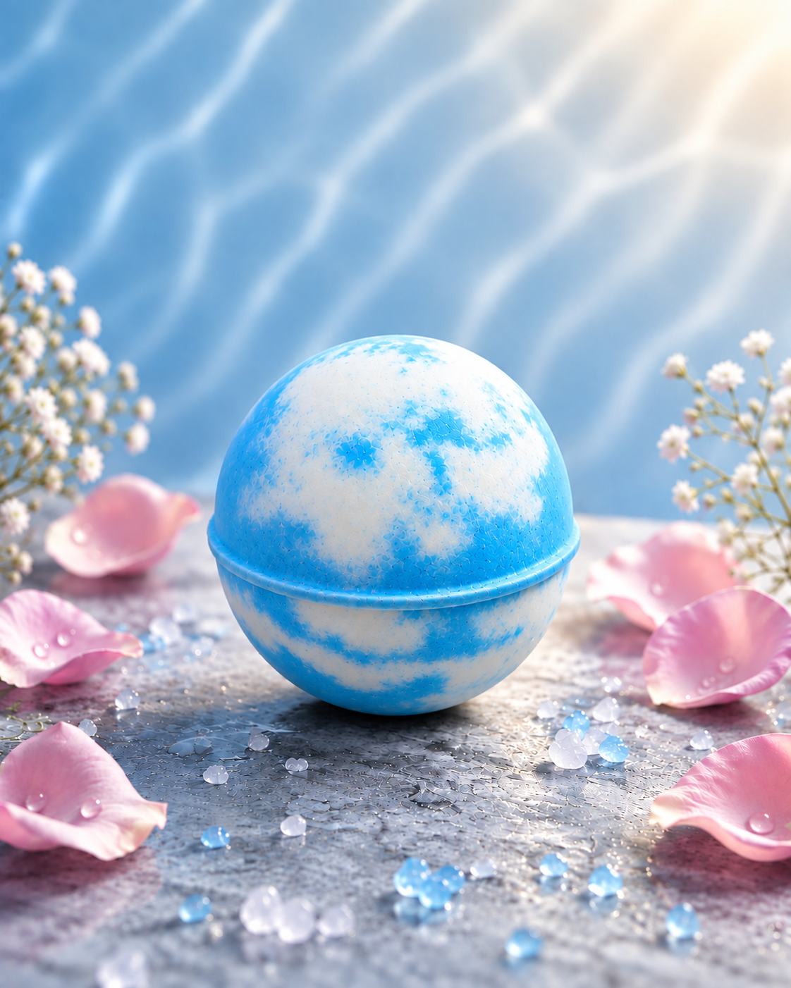 A round bath bomb with a blue and white marbled pattern, or an uncolored option is available, scented with florals and amber. It that sits on a stone surface decorated with pink petals, clear crystals, and small white flowers, with a blue water-like background.