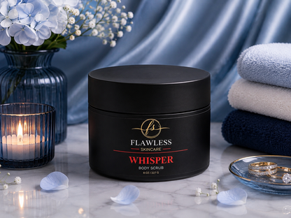 This is a scented body scrub with amber and floral notes. A black cosmetic jar labeled 'Flawless Skincare Whisper Body & Skin Care' sits on a marble surface with a lit candle, blue flowers, folded towels, and a small dish of rings around it.