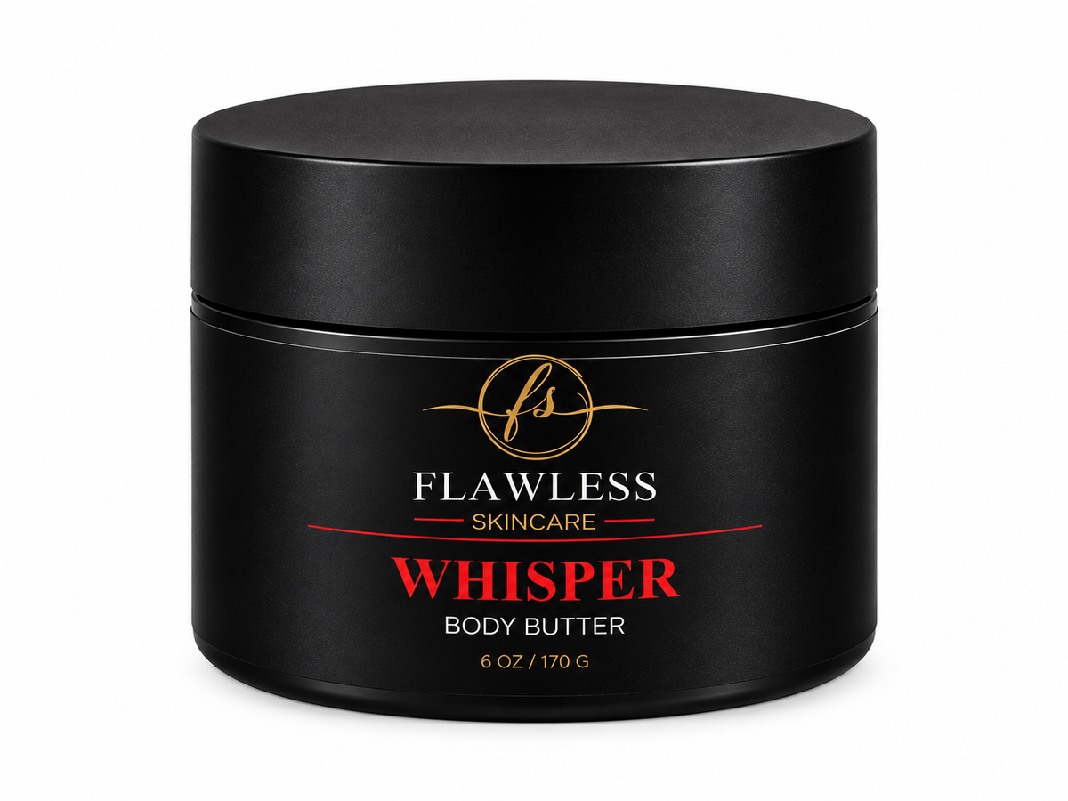 This is a scented body butter with amber and floral notes. A black jar of Flawless Skincare Whisper Body Butter with scents of warm amber and florals.