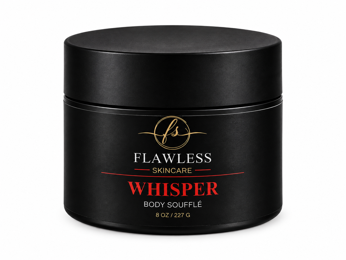 This is a black jar of Flawless Skincare 'Whisper' Body Soufflé scented body lotion with amber and floral notes.