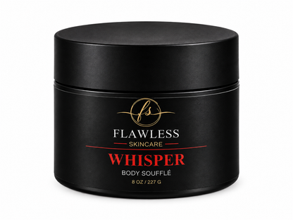 This is a black jar of Flawless Skincare 'Whisper' Body Soufflé scented body lotion with amber and floral notes.