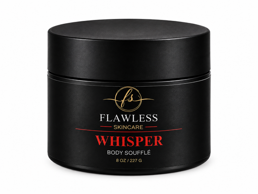 This is a black jar of Flawless Skincare 'Whisper' Body Soufflé scented body lotion with amber and floral notes.