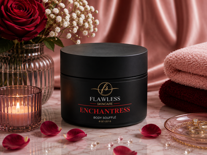 This is a scented body lotion with soft fruits, airy musk, and light floral notes. A black cosmetic jar labeled 'Flawless Skincare Enchantress Body Soufflé' sits on a marble surface with rose petals, a lit candle, red roses, folded towels, and pink satin fabric in the background.