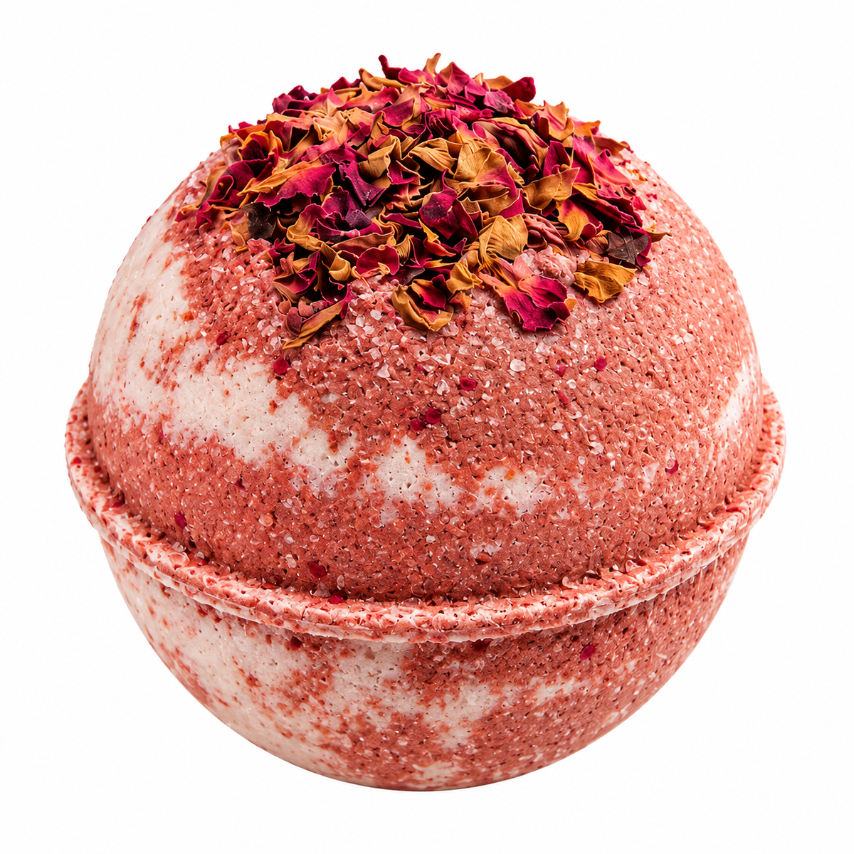 A spherical bath bomb with dusty rose and white marbled pattern,(or an uncolored option is available), scented with florals, amber, vanilla, and musk, topped with dried rose petals.
