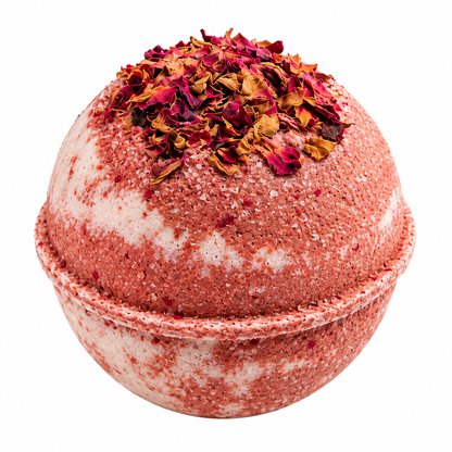 A spherical bath bomb with dusty rose and white marbled pattern,(or an uncolored option is available), scented with florals, amber, vanilla, and musk, topped with dried rose petals.