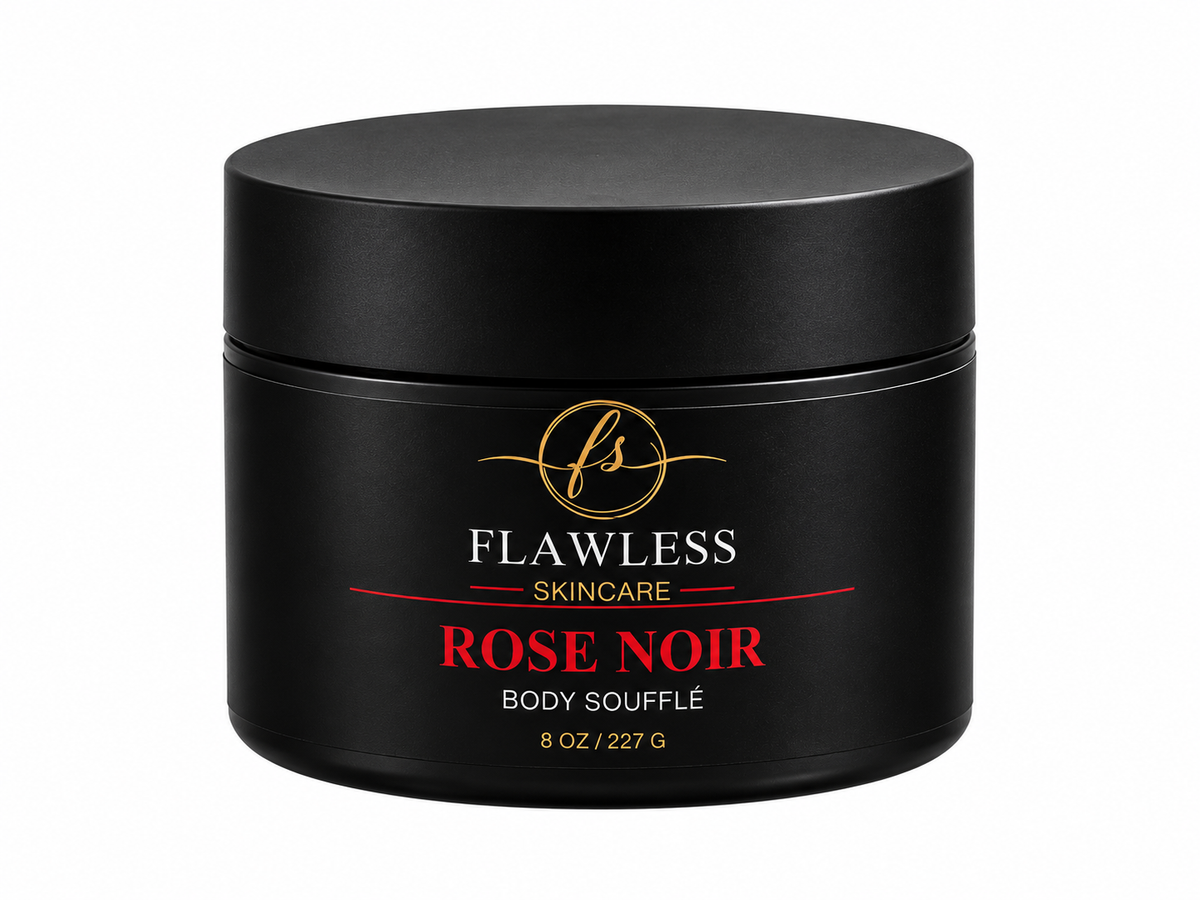 This is a black jar of scented body lotion with notes of floral, vanilla, amber and musk. 