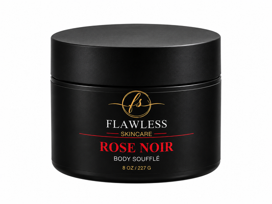 This is a black jar of scented body lotion with notes of floral, vanilla, amber and musk. 