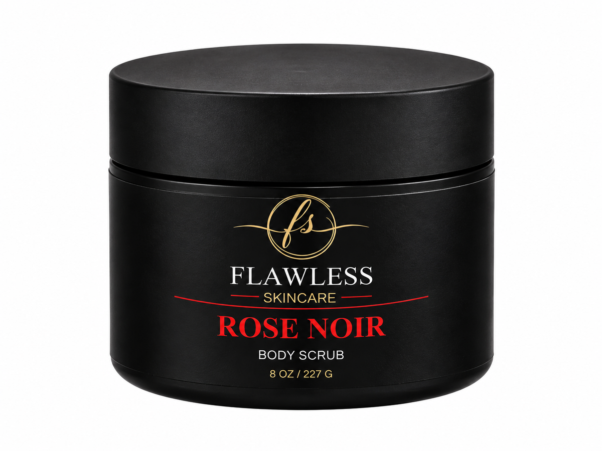 This is a black jar of scented body scrub with notes of floral, vanilla, amber and musk. 