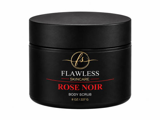 This is a black jar of scented body scrub with notes of floral, vanilla, amber and musk. 